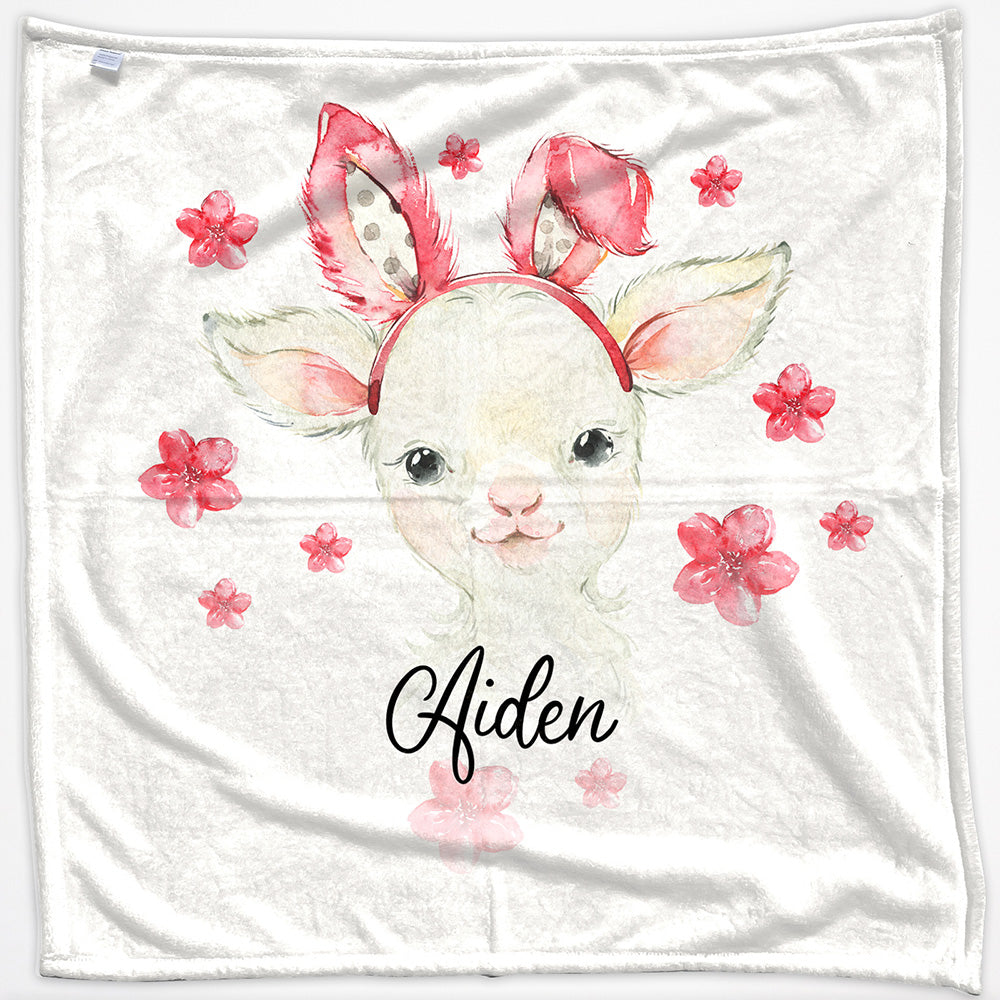 Personalised Lamb Pink Glitter Bunny Ears and Name Baby Blanket