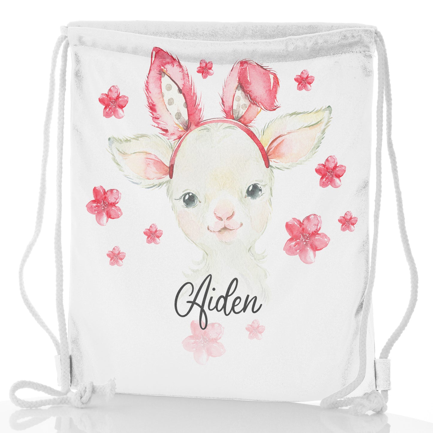 Personalised Glitter Drawstring Backpack with White Lamb Pink Bunny Ears and Flowers and Cute Text