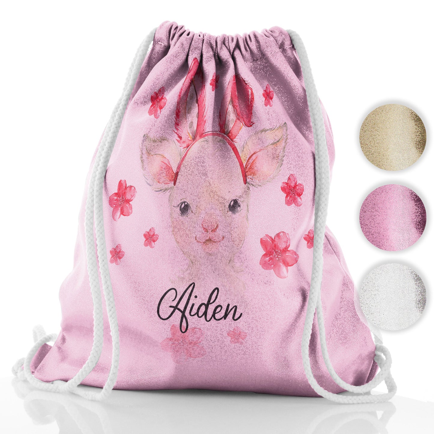 Personalised Glitter Drawstring Backpack with White Lamb Pink Bunny Ears and Flowers and Cute Text