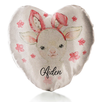 Personalised Glitter Heart Cushion with White Lamb Pink Bunny Ears and Flowers and Cute Text