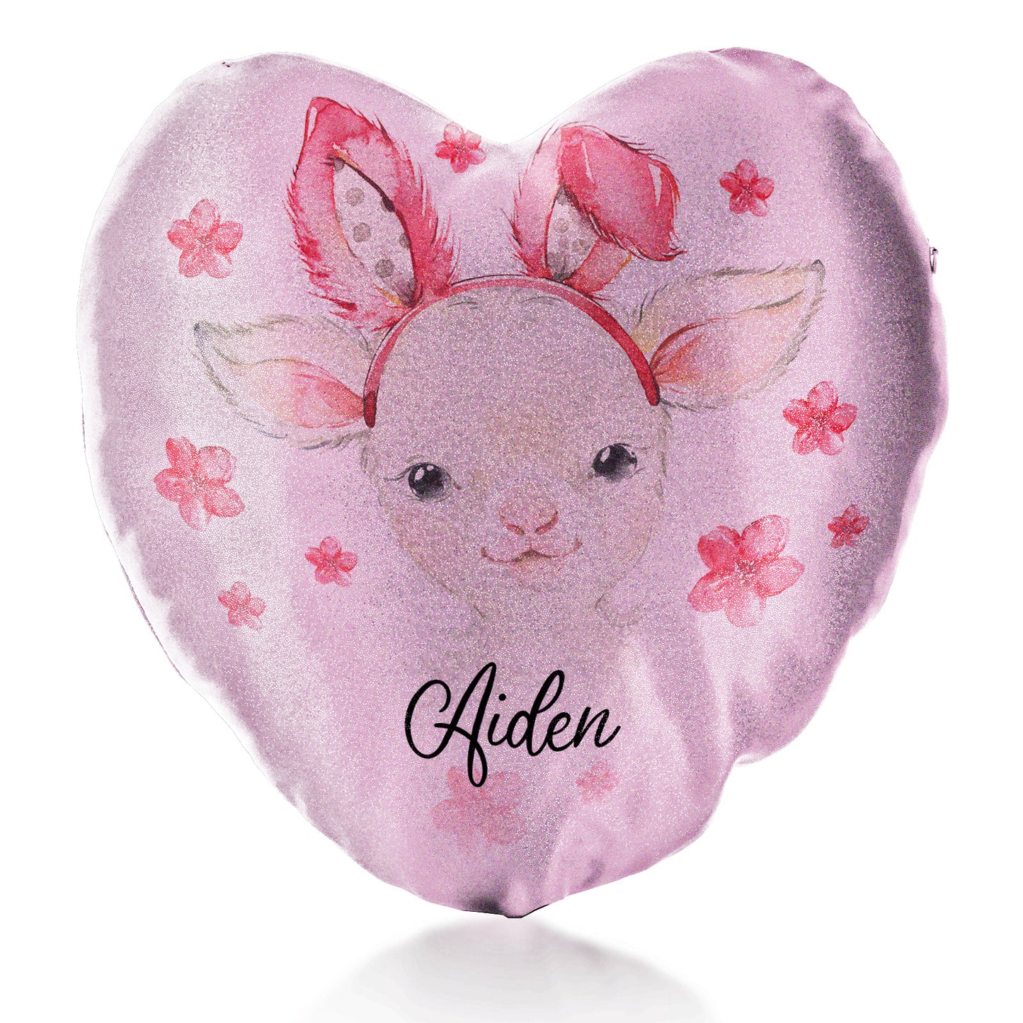 Personalised Glitter Heart Cushion with White Lamb Pink Bunny Ears and Flowers and Cute Text