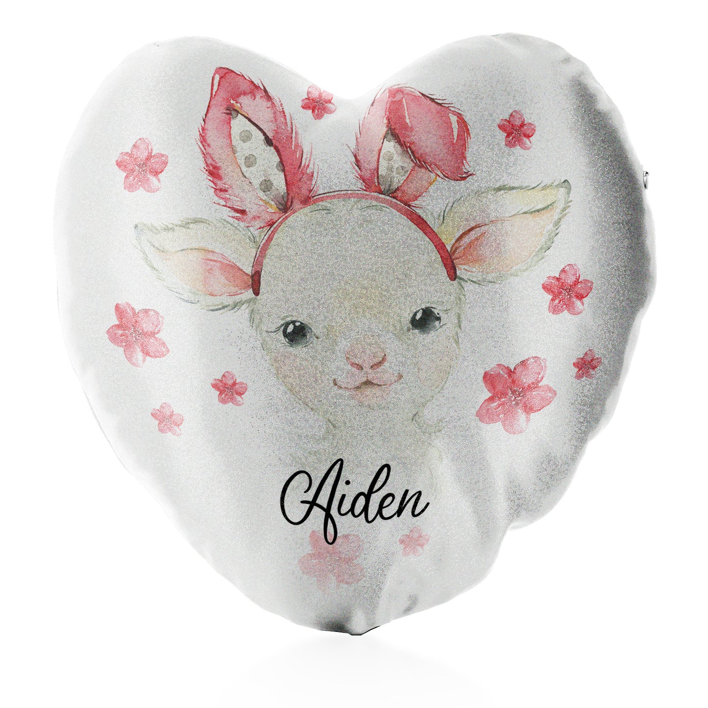 Personalised Glitter Heart Cushion with White Lamb Pink Bunny Ears and Flowers and Cute Text