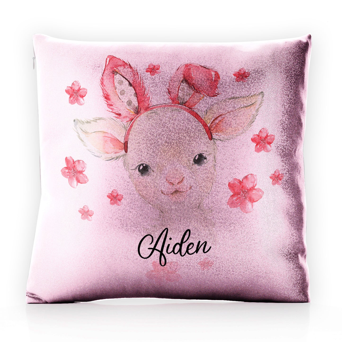 Personalised Glitter Cushion with White Lamb Pink Bunny Ears and Flowers and Cute Text