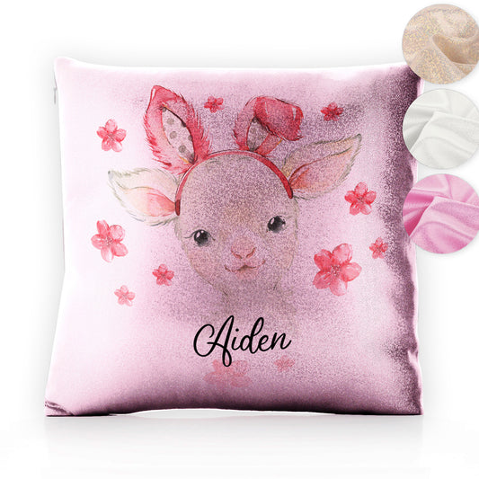 Personalised Glitter Cushion with White Lamb Pink Bunny Ears and Flowers and Cute Text