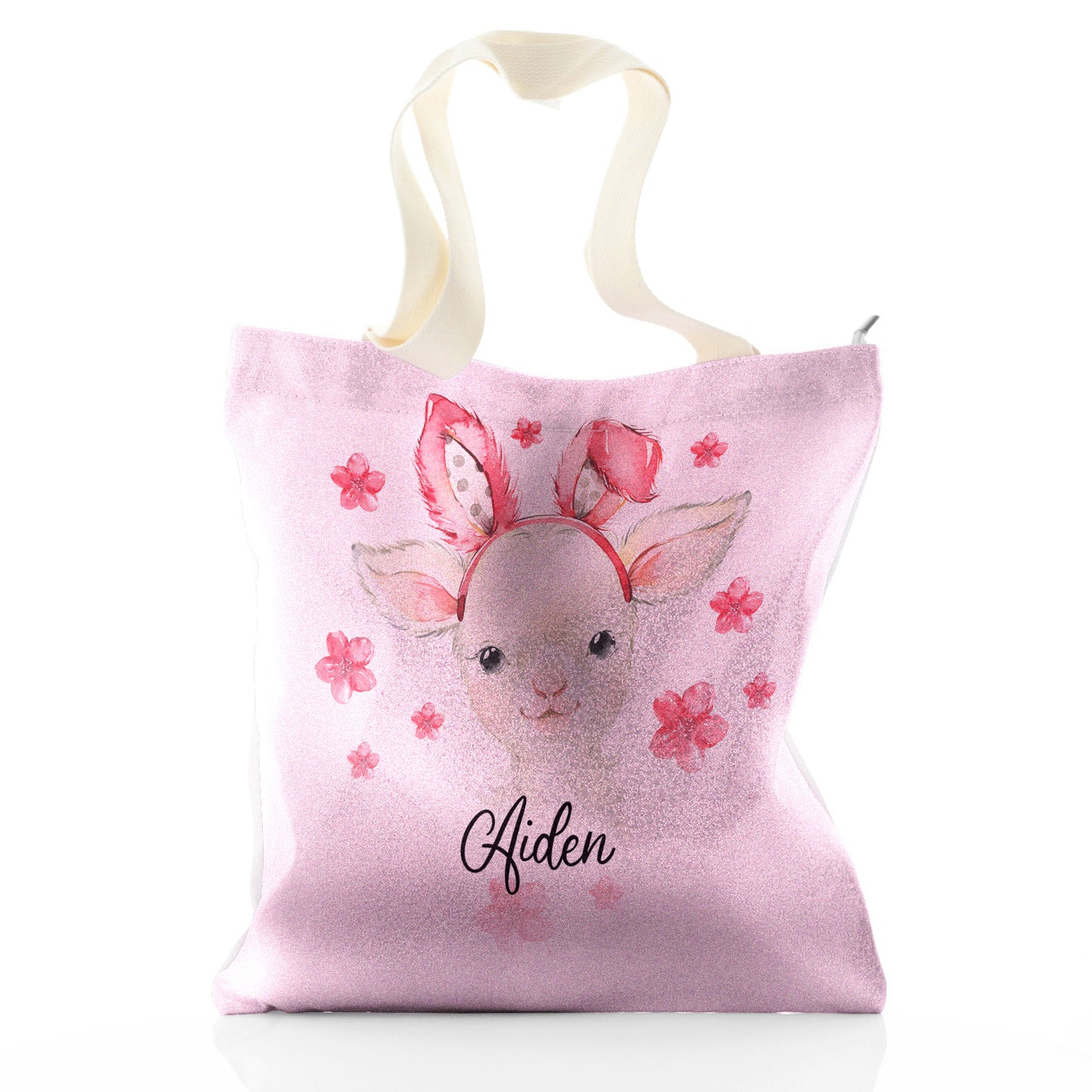 Personalised Glitter Tote Bag with White Lamb Pink Bunny Ears and Flowers and Cute Text