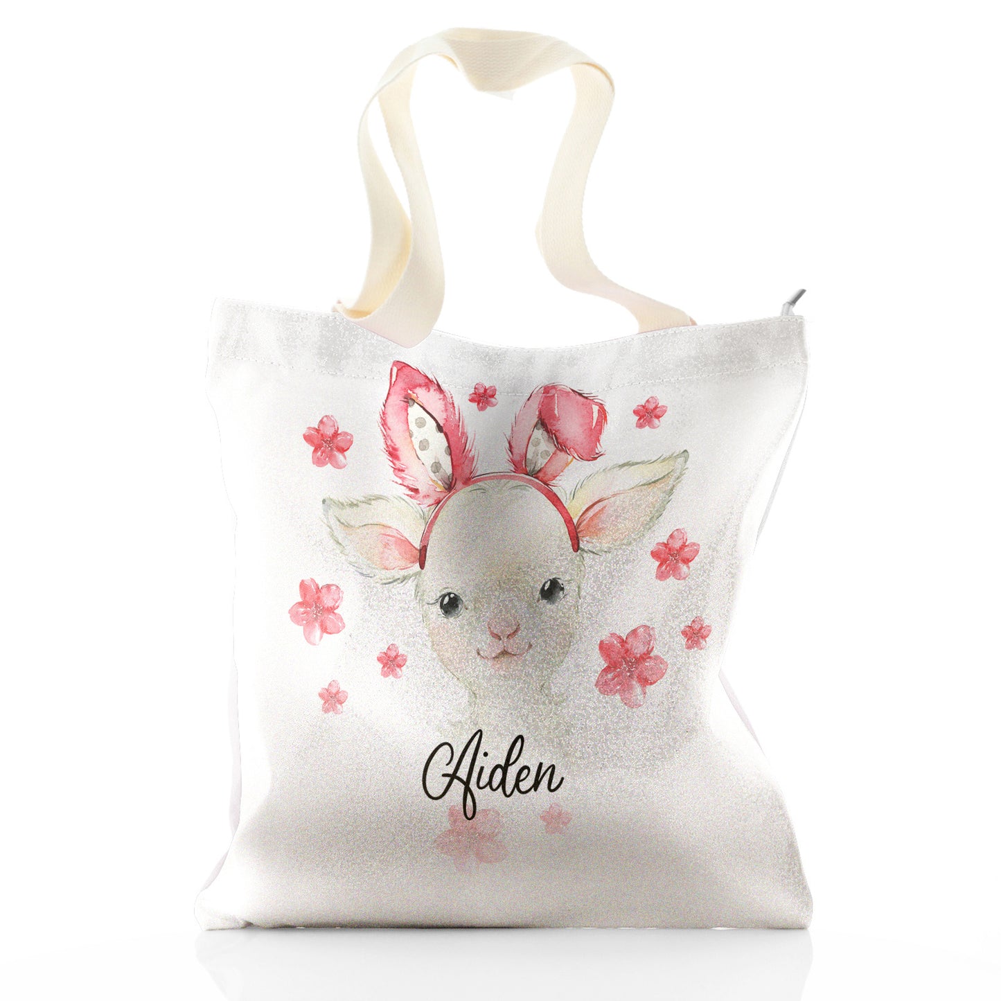 Personalisierte Glitzer-Einkaufstasche mit weißen Lamm-Rosa-Hasenohren und Blumen und niedlichem Text