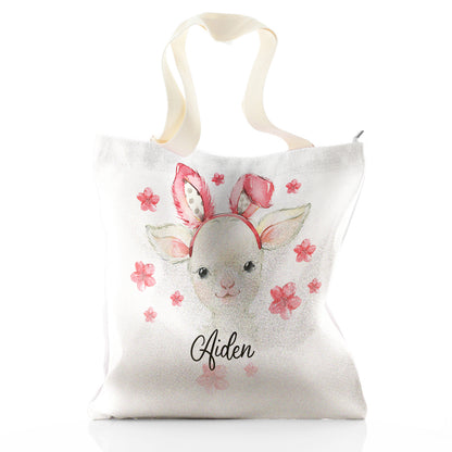 Personalisierte Glitzer-Einkaufstasche mit weißen Lamm-Rosa-Hasenohren und Blumen und niedlichem Text