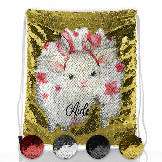 Personalised Sequin Drawstring Backpack with White Lamb Pink Bunny Ears and Flowers and Cute Text