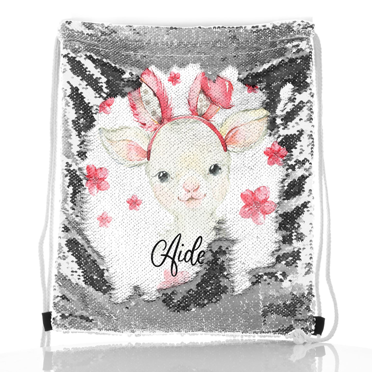 Personalisierter Pailletten-Rucksack mit Kordelzug, weißen Lammrosa-Hasenohren und Blumen sowie süßem Text