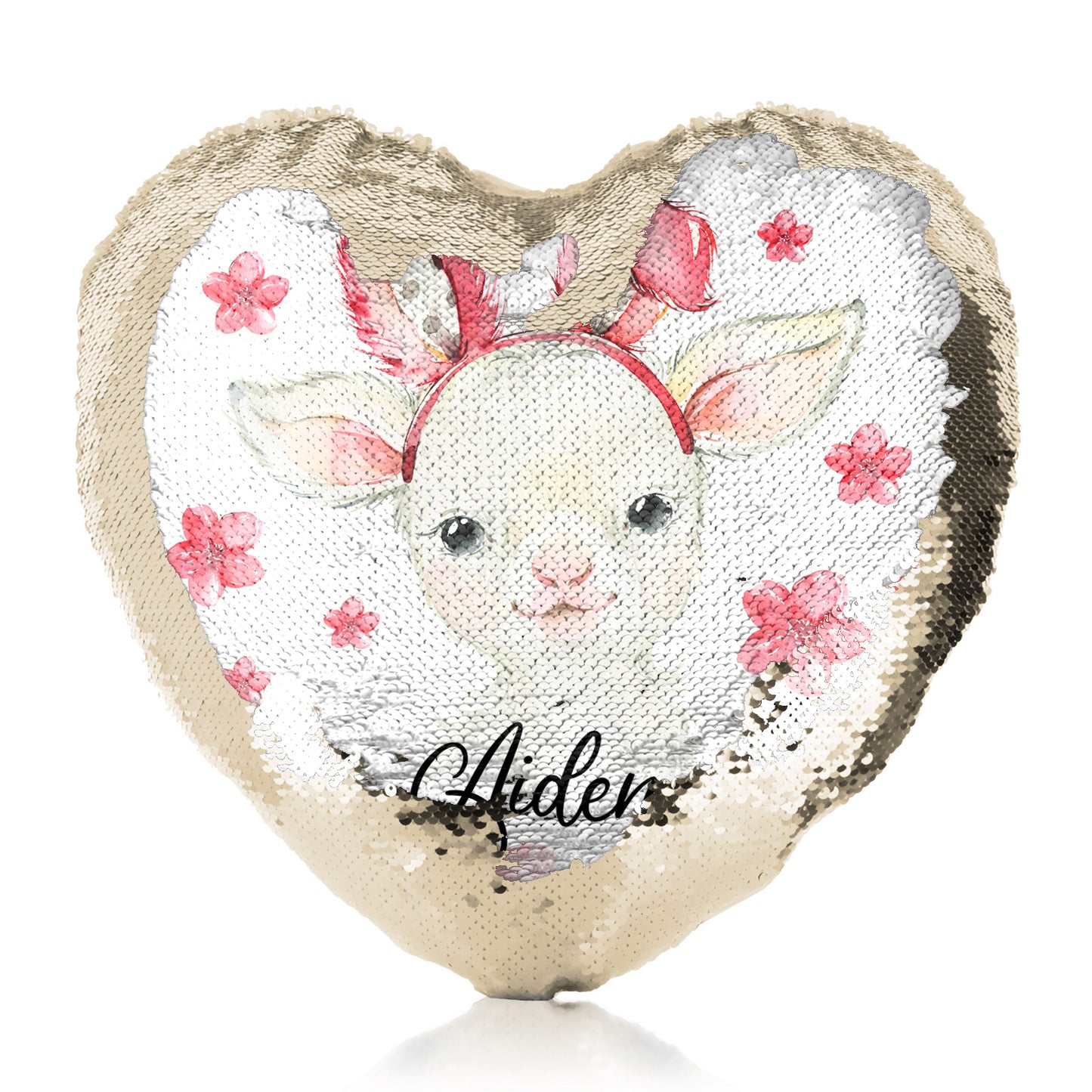 Personalised Sequin Heart Cushion with White Lamb Pink Bunny Ears and Flowers and Cute Text
