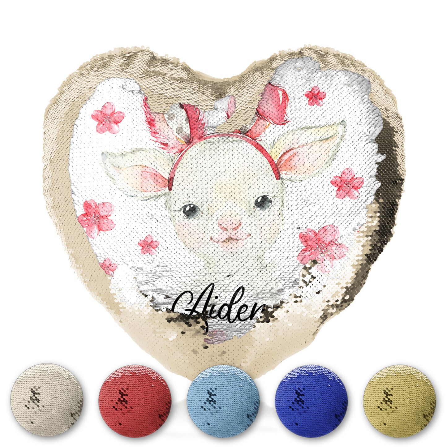Personalised Sequin Heart Cushion with White Lamb Pink Bunny Ears and Flowers and Cute Text