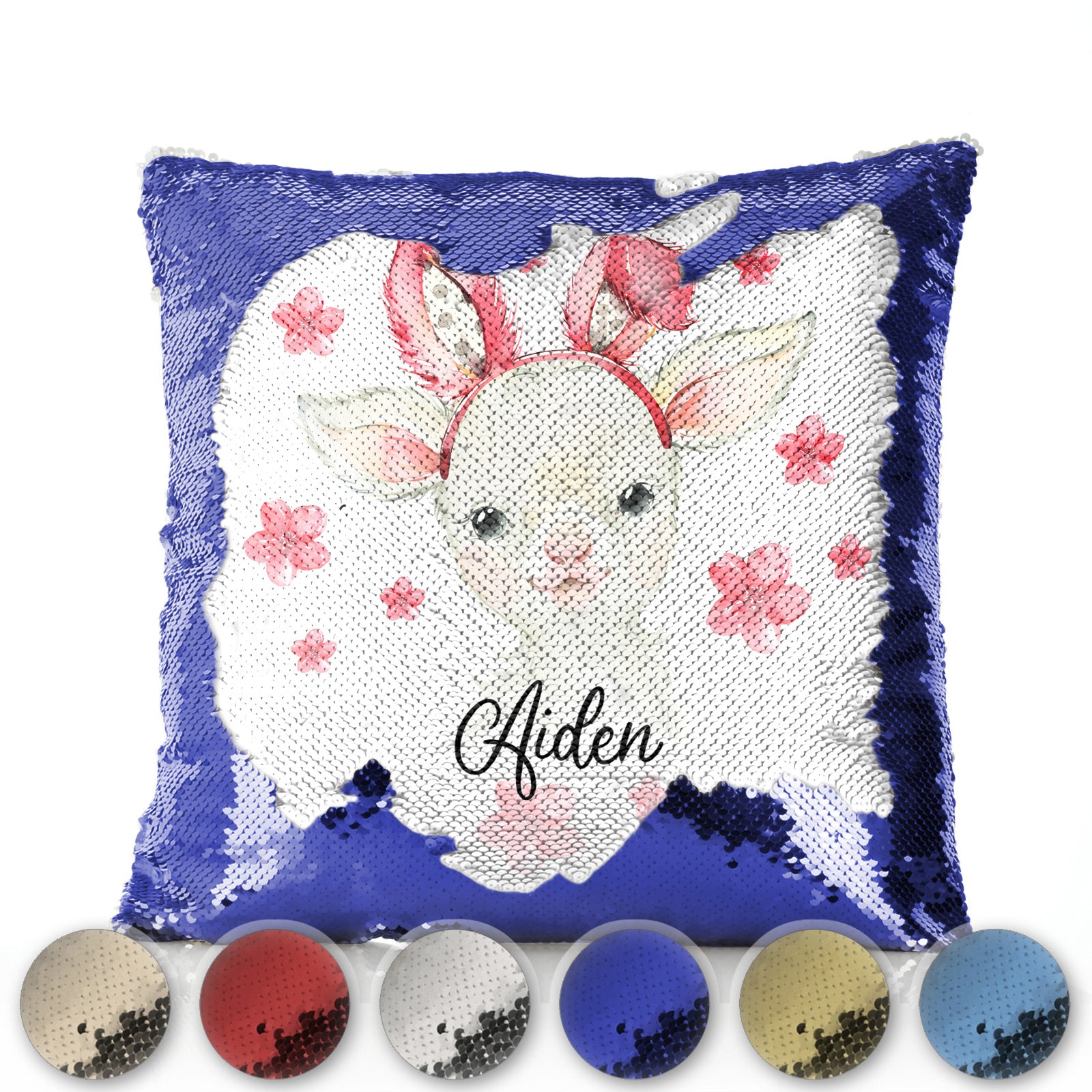 Personalised Sequin Cushion with White Lamb Pink Bunny Ears and Flowers and Cute Text