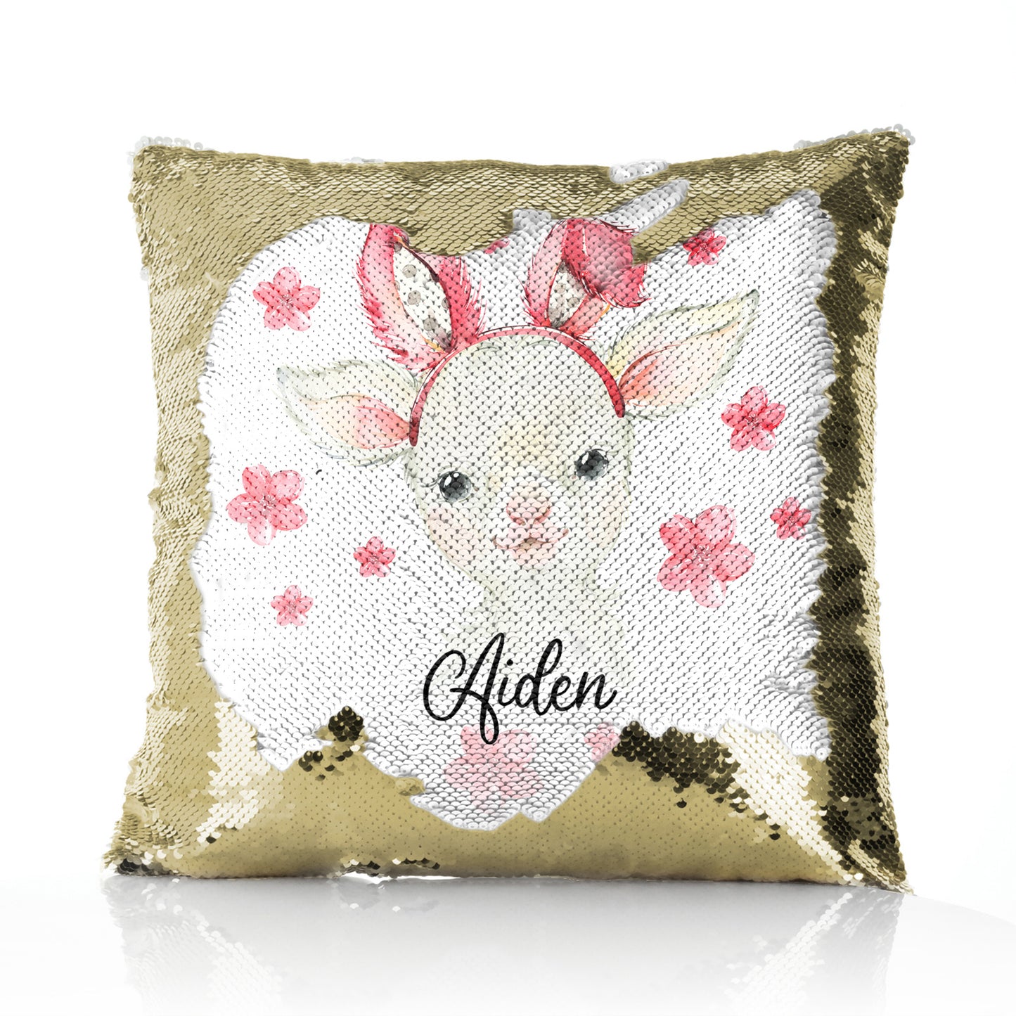 Personalised Sequin Cushion with White Lamb Pink Bunny Ears and Flowers and Cute Text