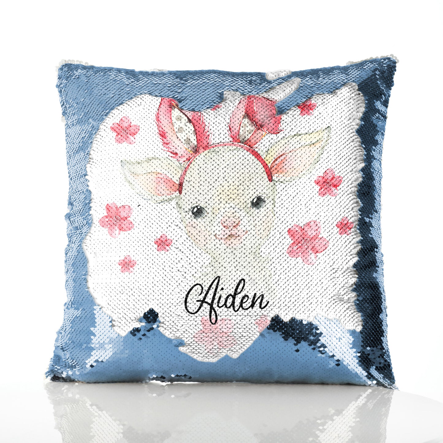 Personalised Sequin Cushion with White Lamb Pink Bunny Ears and Flowers and Cute Text