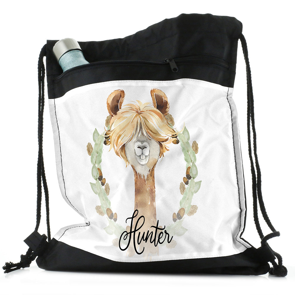 Personalised Alpaca Acorn Wreath and Name Black Drawstring Backpack