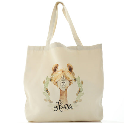 Personalised Canvas Tote Bag with Brown Alpaca Acorn Wreath and Cute Text
