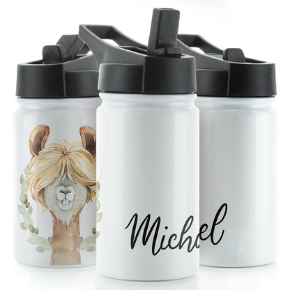 Personalised Brown Alpaca Acorns and Name White Sports Flask