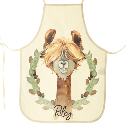 Personalised Canvas Apron with Alpaca Acorn Wreath and Name Design