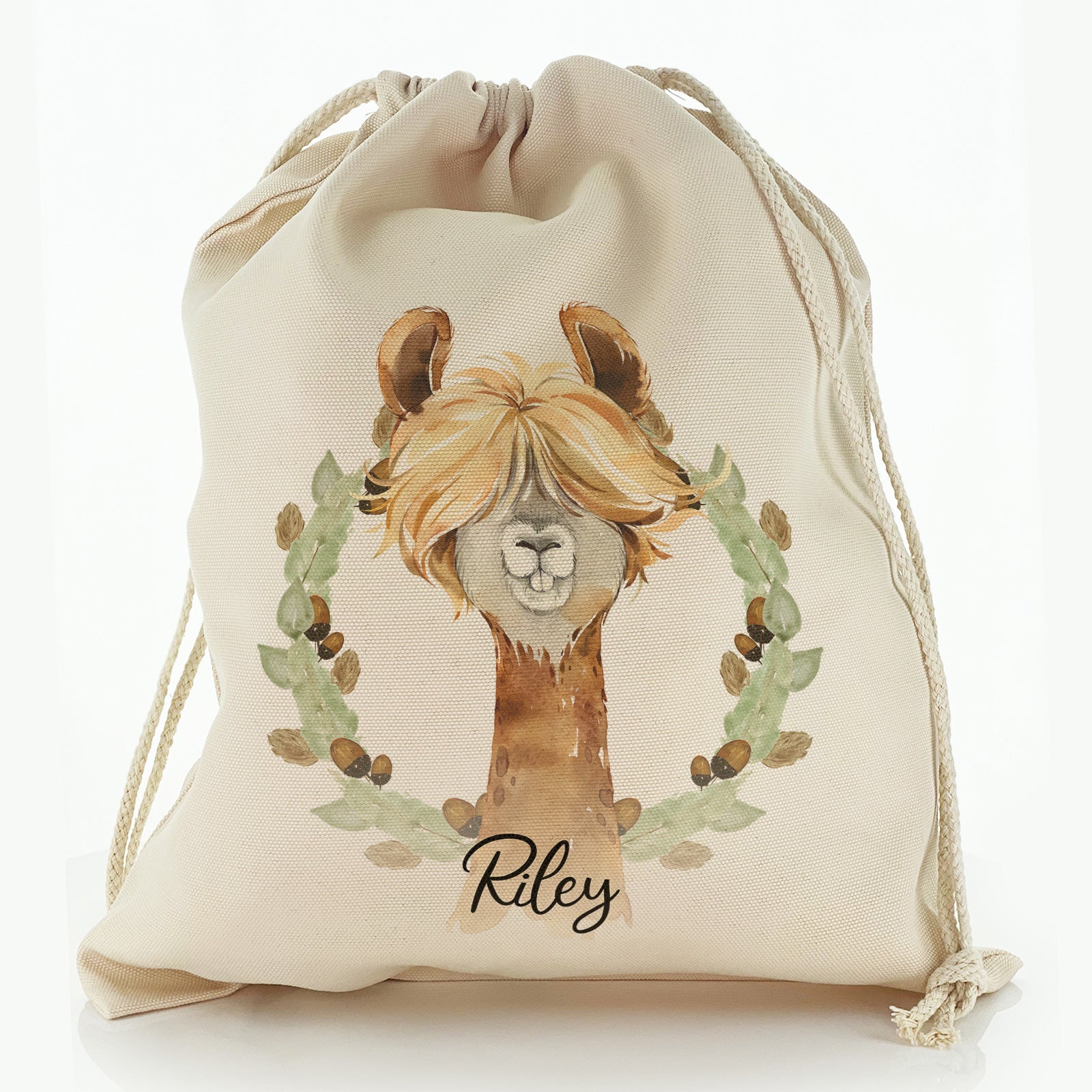 Personalised Canvas Sack with Brown Alpaca Acorn Wreath and Cute Text