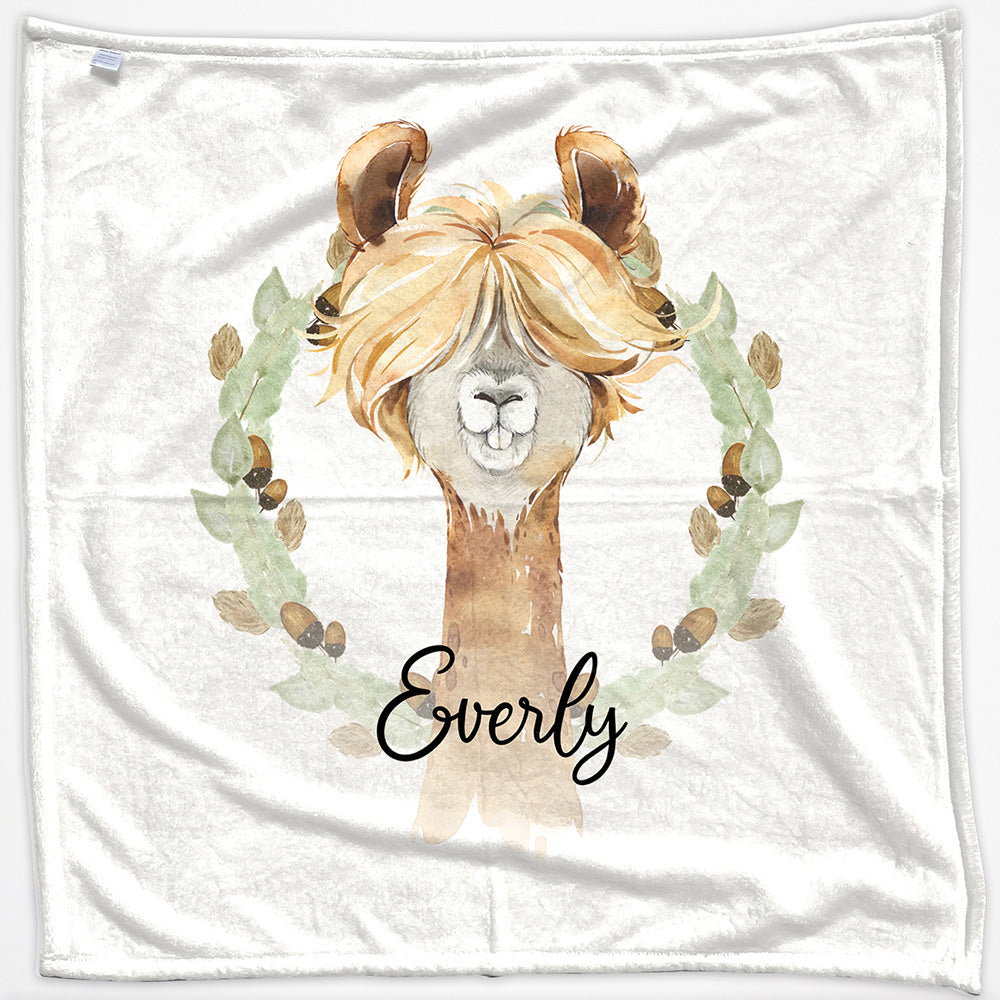 Personalised Alpaca Acorn Wreath and Name Baby Blanket