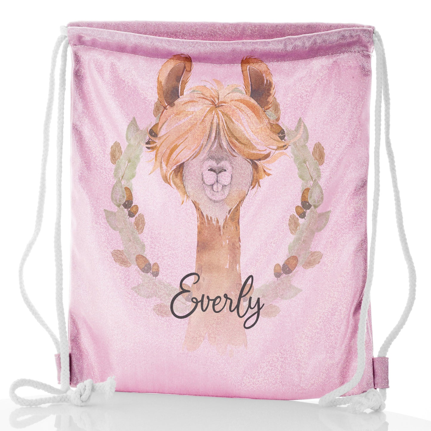 Personalised Glitter Drawstring Backpack with Brown Alpaca Acorn Wreath and Cute Text