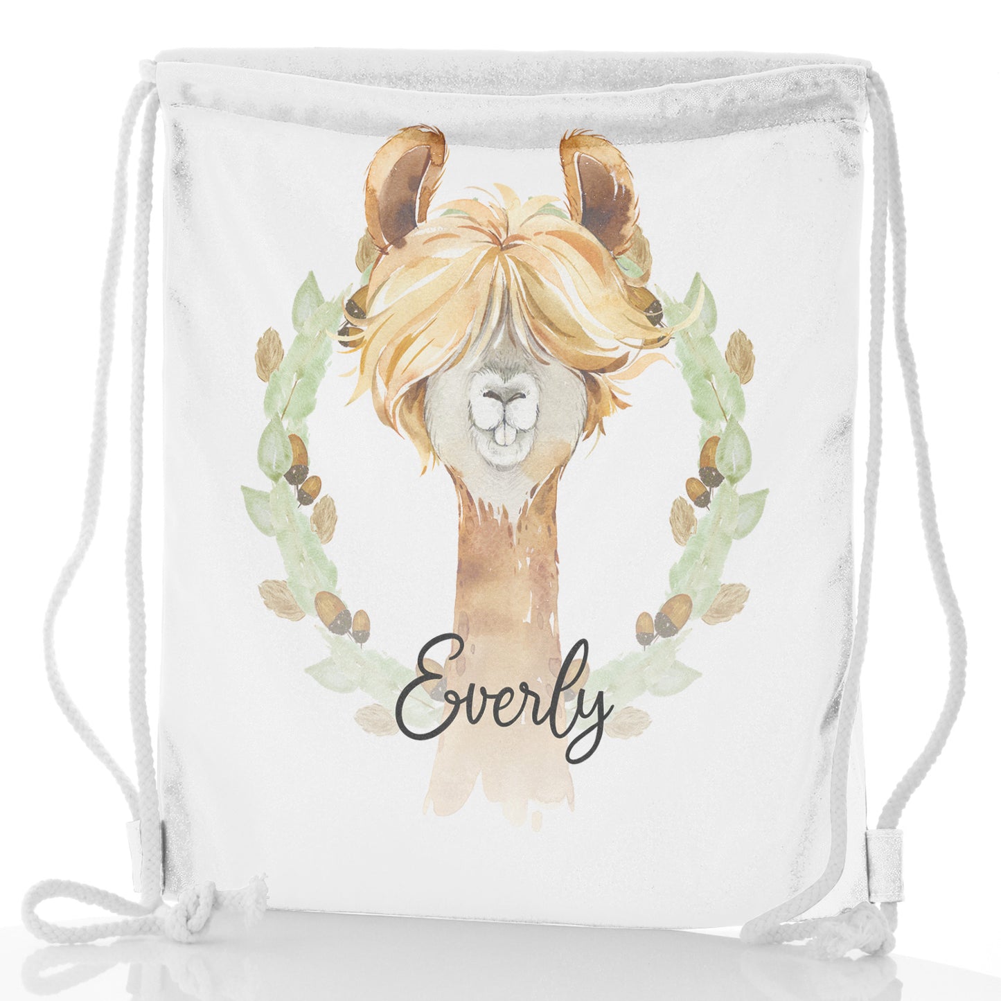 Personalised Glitter Drawstring Backpack with Brown Alpaca Acorn Wreath and Cute Text