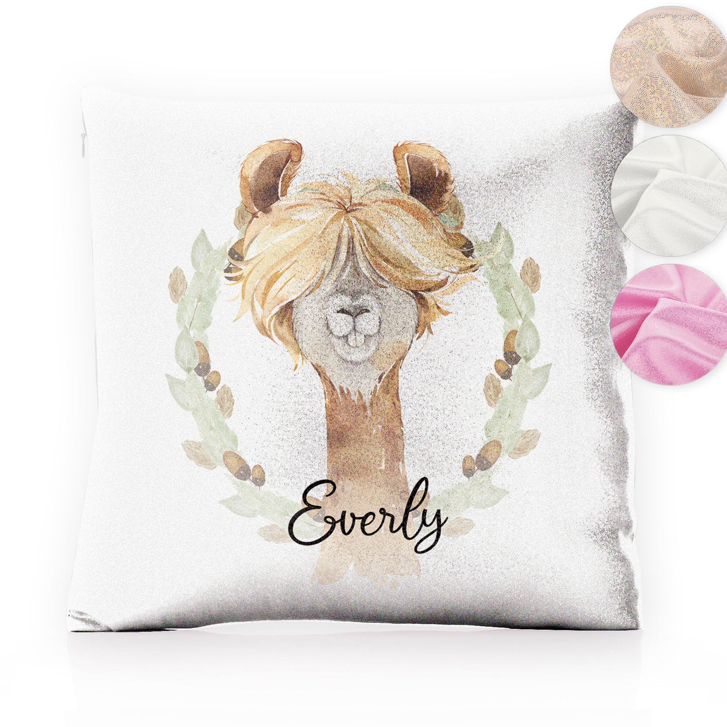 Personalised Glitter Cushion with Brown Alpaca Acorn Wreath and Cute Text