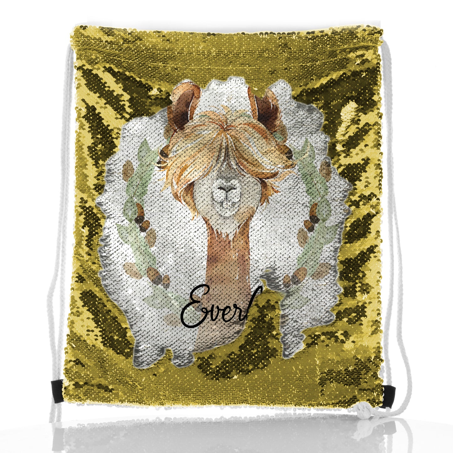 Personalised Sequin Drawstring Backpack with Brown Alpaca Acorn Wreath and Cute Text
