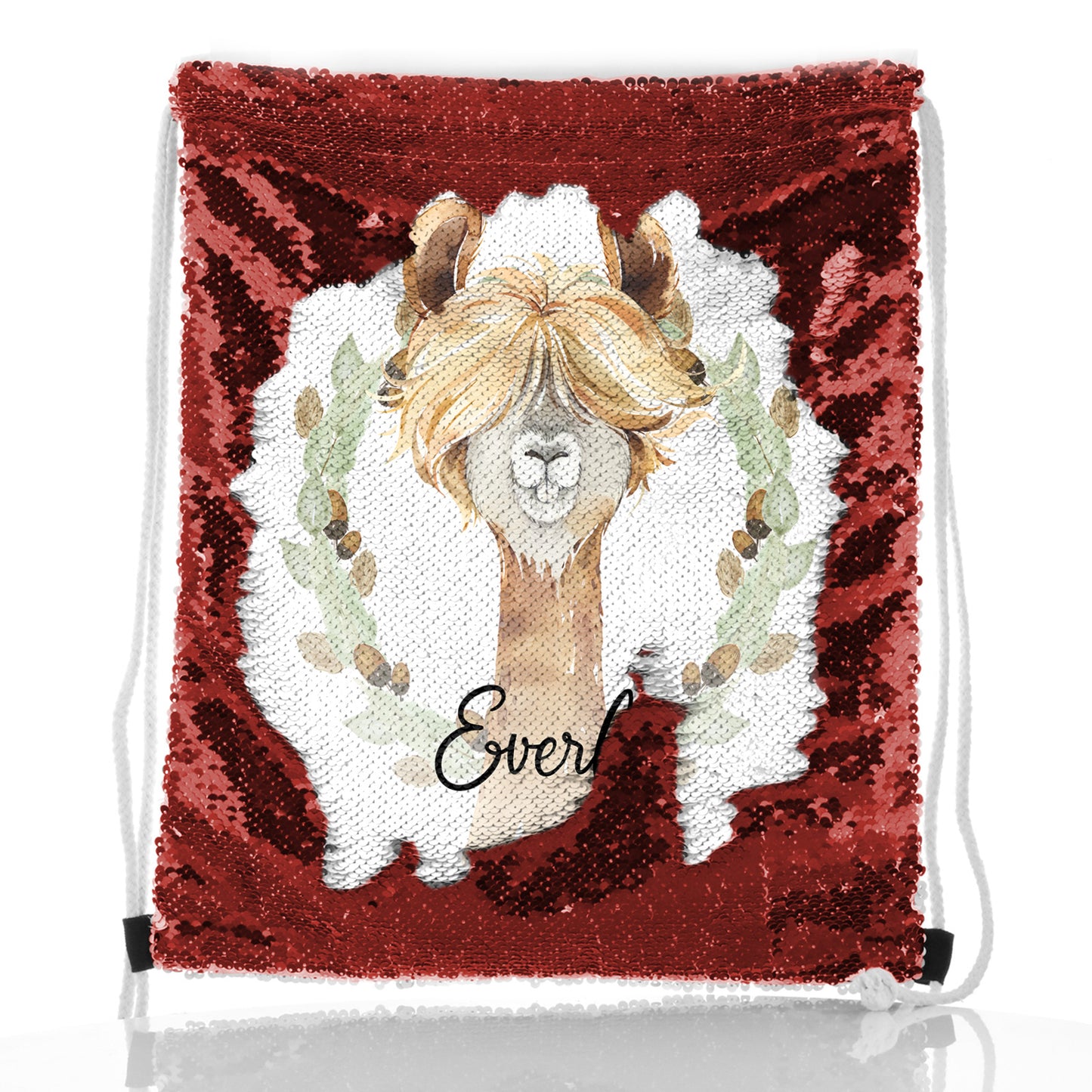 Personalised Sequin Drawstring Backpack with Brown Alpaca Acorn Wreath and Cute Text