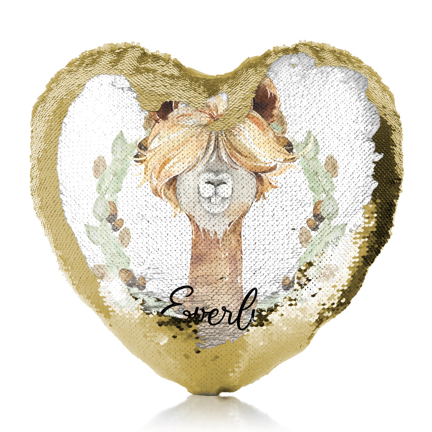 Personalised Sequin Heart Cushion with Brown Alpaca Acorn Wreath and Cute Text