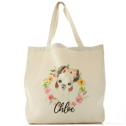 Personalised Canvas Tote Bag with Brown and White Alpaca Multicolour Flower Wreath and Cute Text
