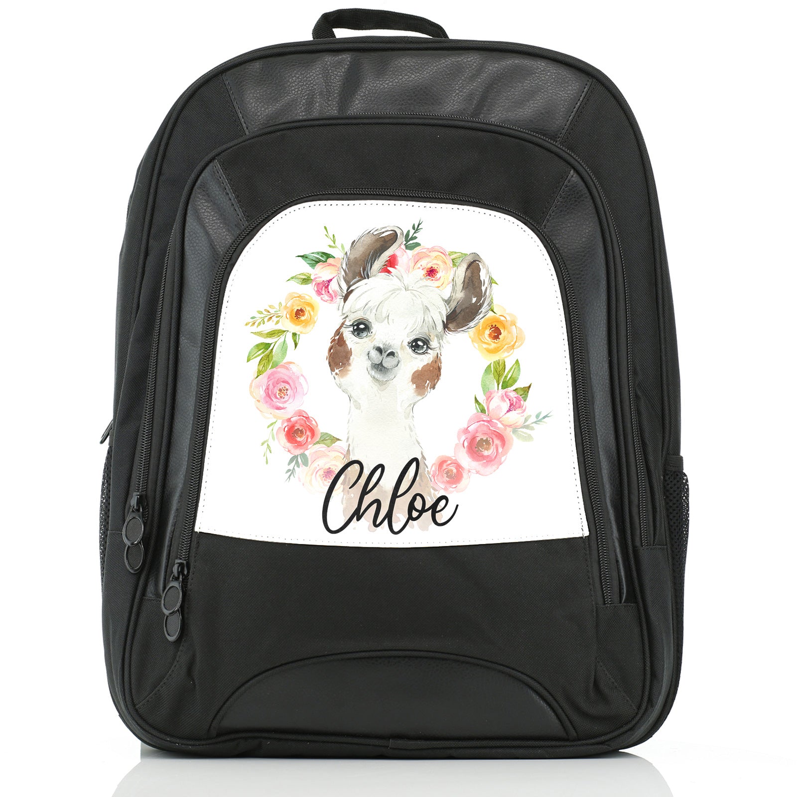 Personalised Large Multifunction Backpack with Brown and White Alpaca Multicolour Flower Wreath and Cute Text