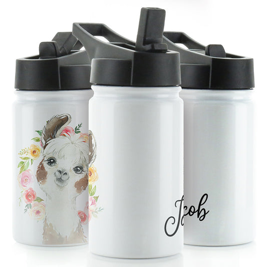 Personalised Alpaca Flower and Name White Sports Flask