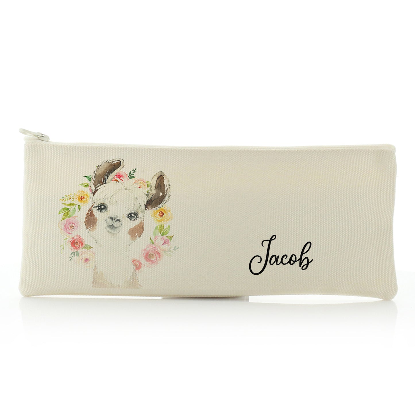 Personalised Canvas Zip Bag with Brown and White Alpaca Multicolour Flower Wreath and Cute Text