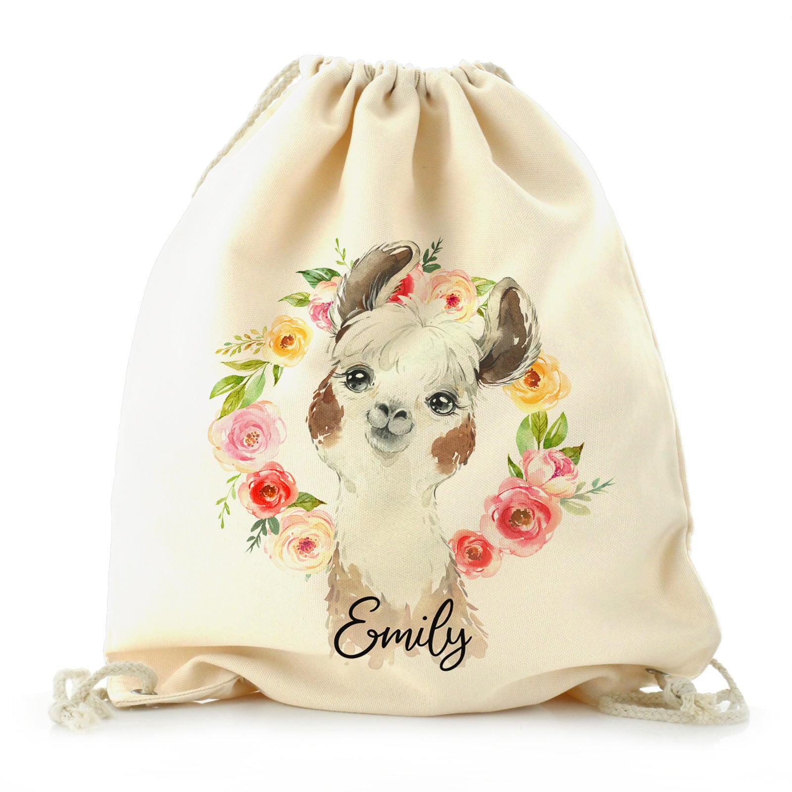 Personalised Canvas Drawstring Backpack with Brown and White Alpaca Multicolour Flower Wreath and Cute Text