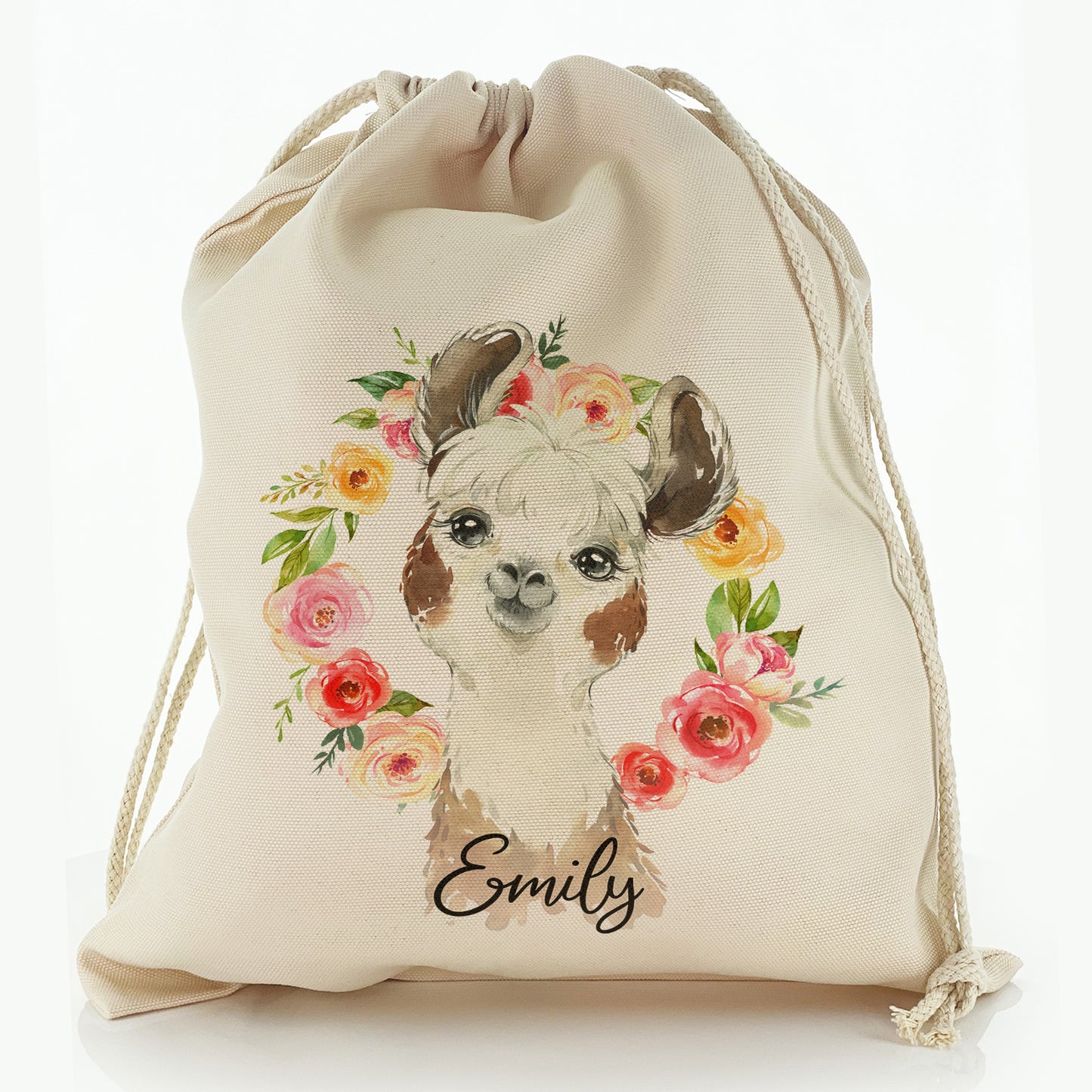 Personalised Canvas Sack with Brown and White Alpaca Multicolour Flower Wreath and Cute Text