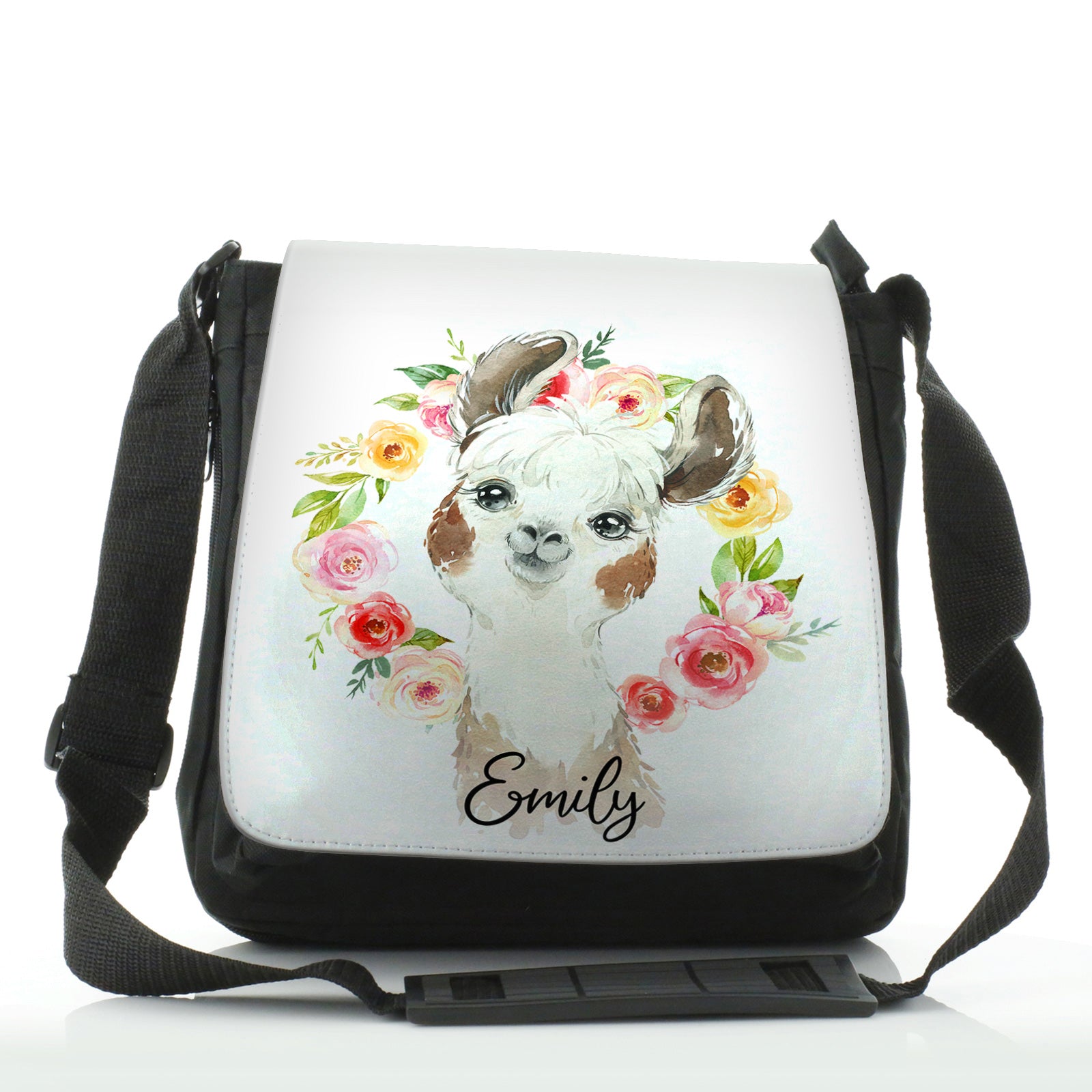 Personalised Shoulder Bag with Brown and White Alpaca Multicolour Flower Wreath and Cute Text