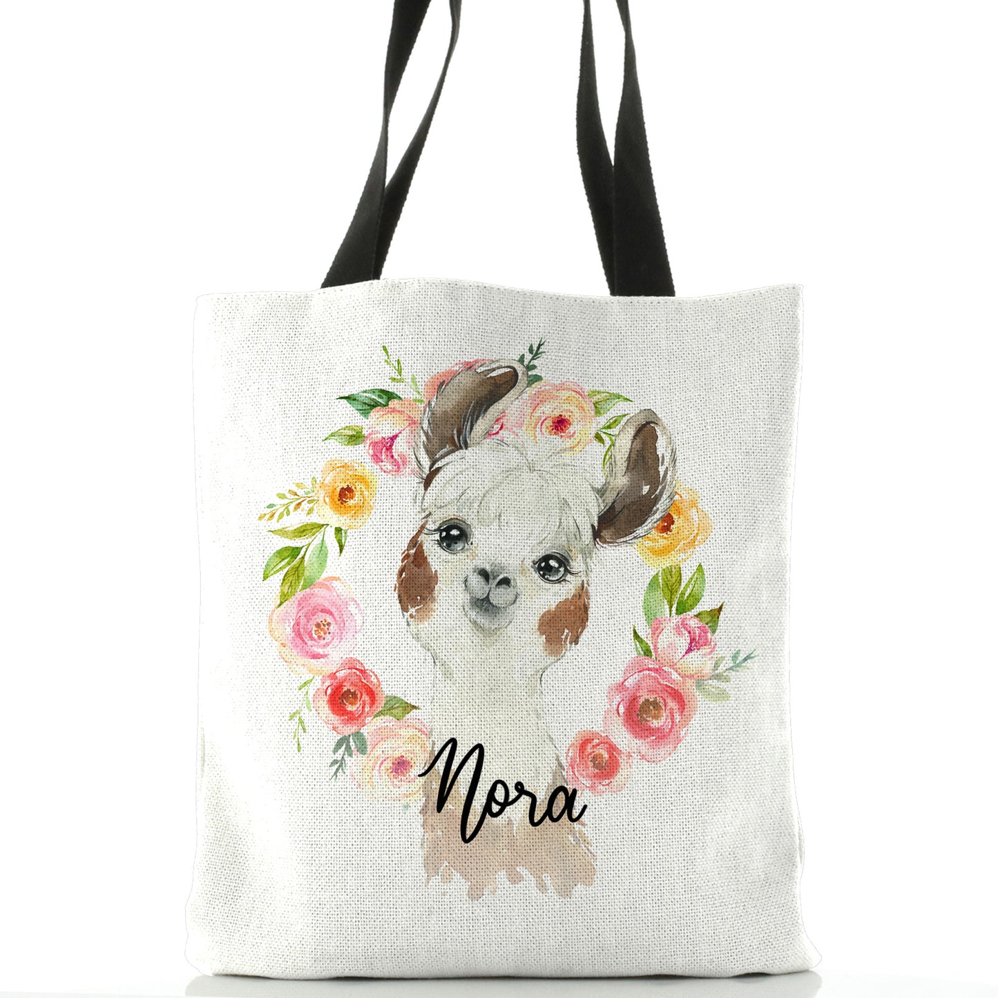 Personalised White Tote Bag with Brown and White Alpaca Multicolour Flower Wreath and Cute Text