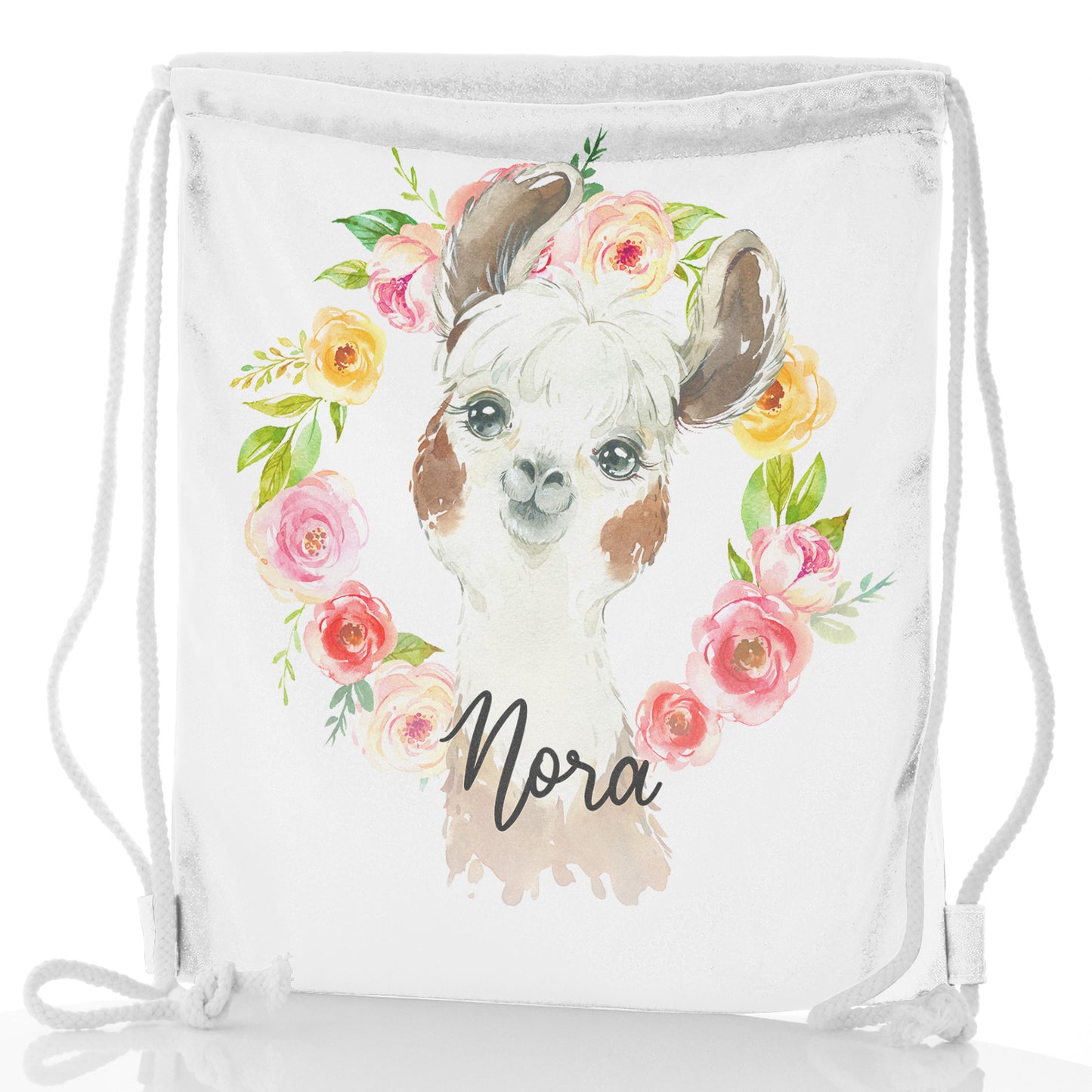 Personalised Glitter Drawstring Backpack with Brown and White Alpaca Multicolour Flower Wreath and Cute Text