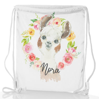 Personalised Glitter Drawstring Backpack with Brown and White Alpaca Multicolour Flower Wreath and Cute Text