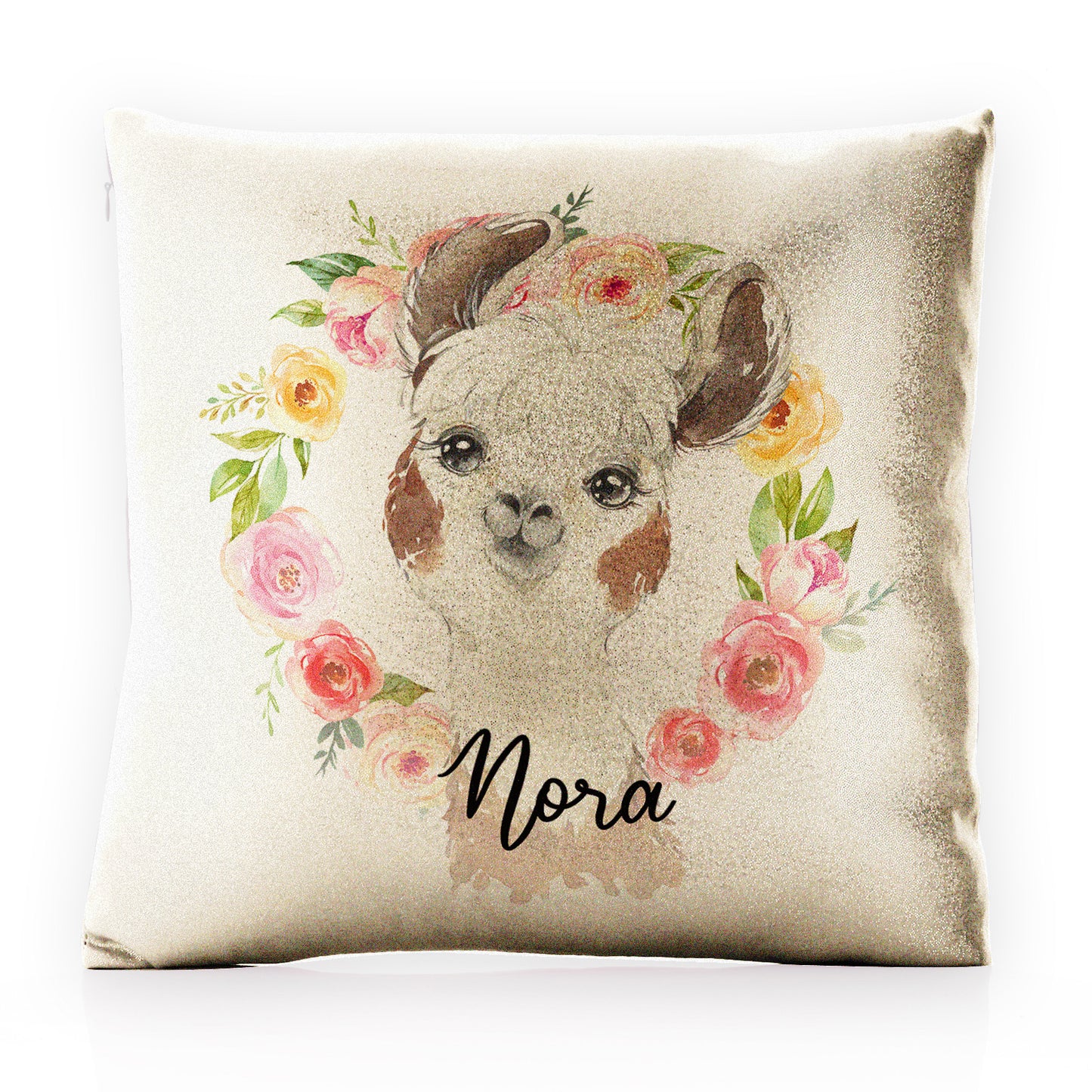 Personalised Glitter Cushion with Brown and White Alpaca Multicolour Flower Wreath and Cute Text