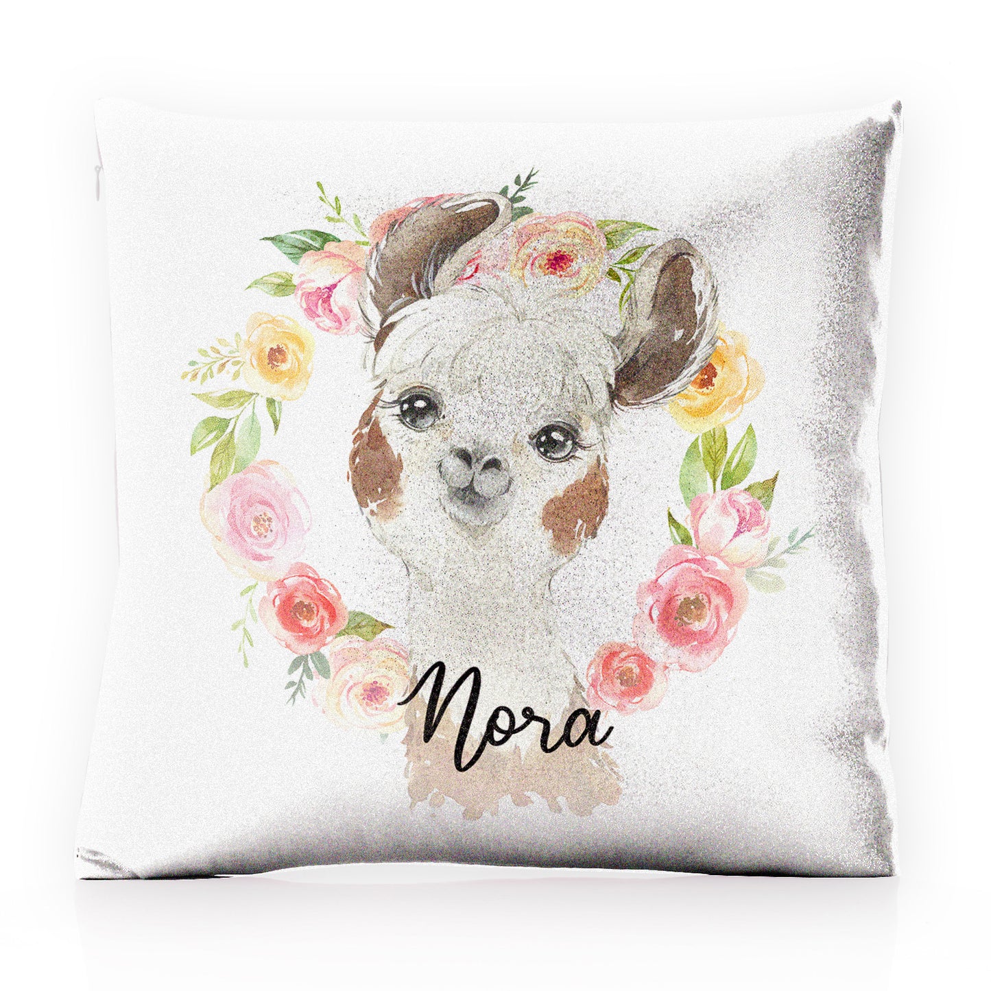 Personalised Glitter Cushion with Brown and White Alpaca Multicolour Flower Wreath and Cute Text