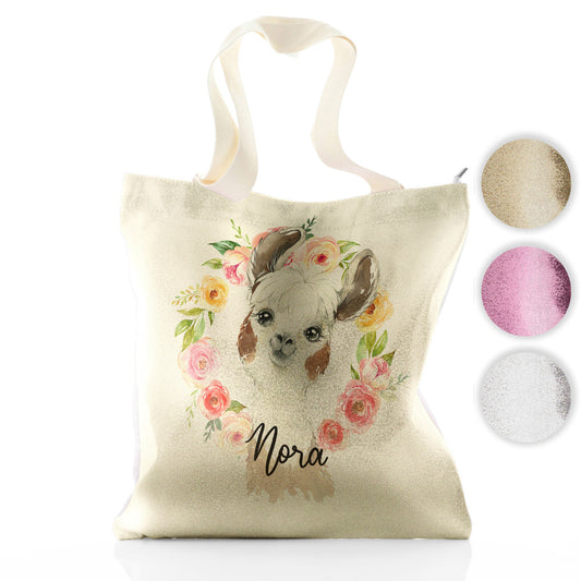 Personalised Glitter Tote Bag with Brown and White Alpaca Multicolour Flower Wreath and Cute Text