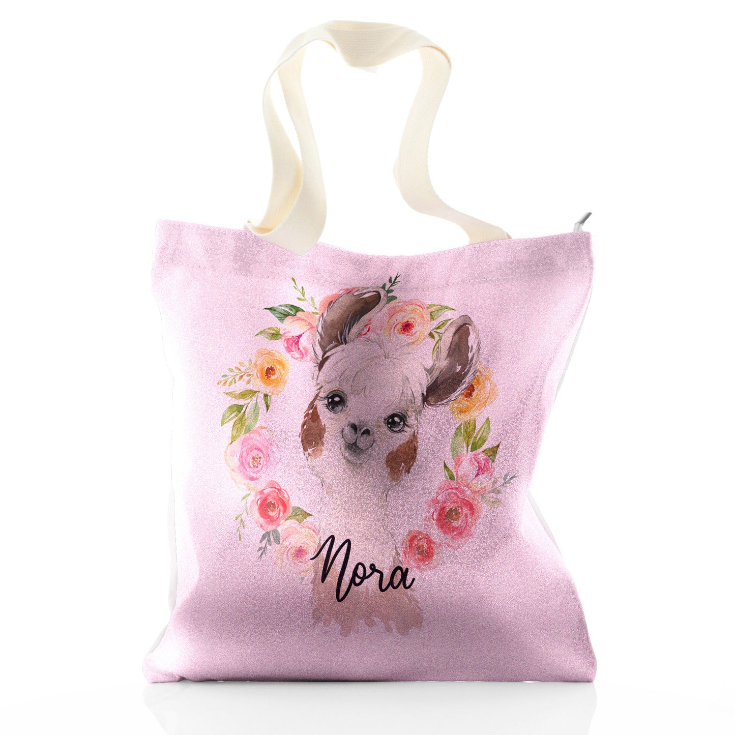 Personalisierte Glitzer-Einkaufstasche mit mehrfarbigem Blumenkranz aus braunem und weißem Alpaka und niedlichem Text