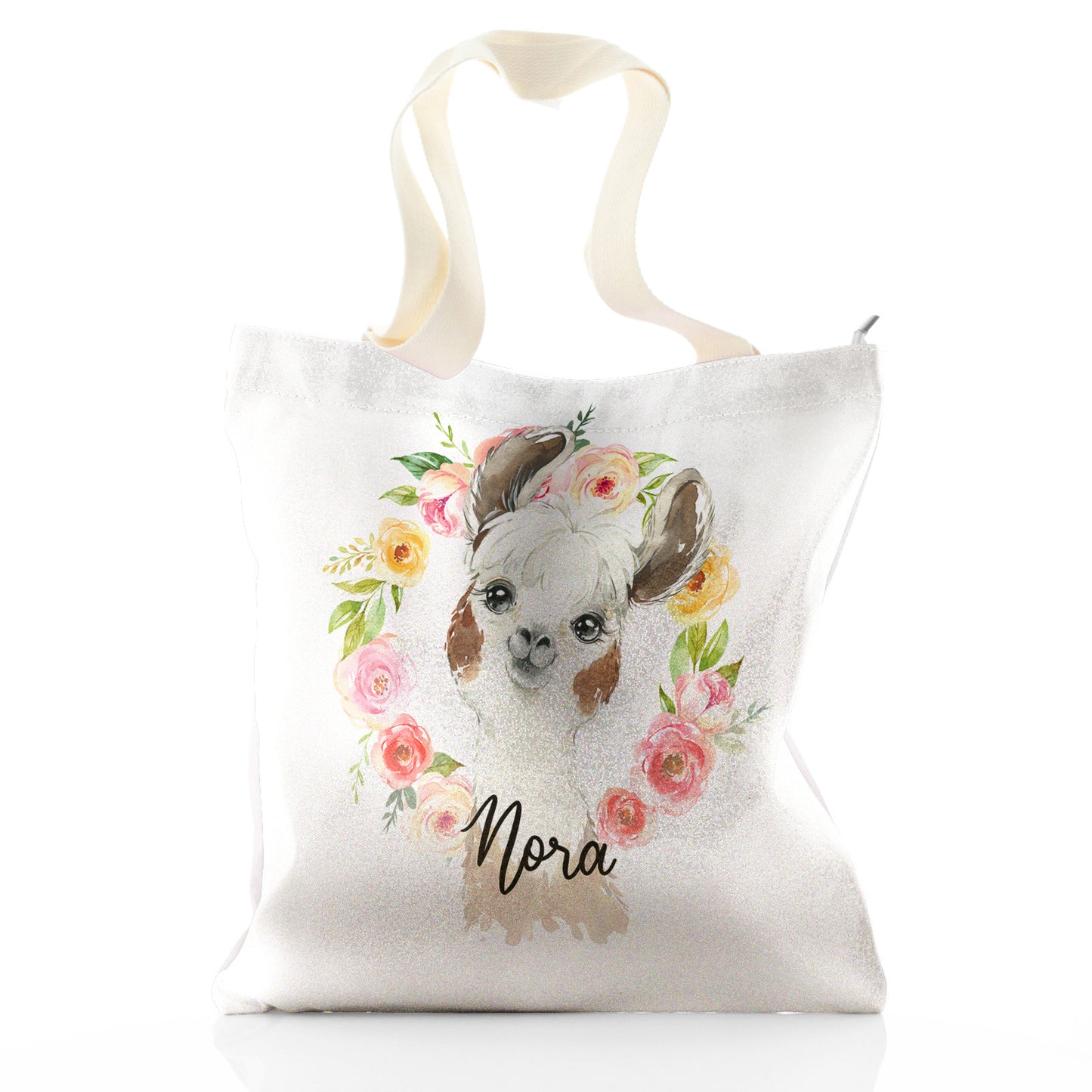 Personalisierte Glitzer-Einkaufstasche mit mehrfarbigem Blumenkranz aus braunem und weißem Alpaka und niedlichem Text