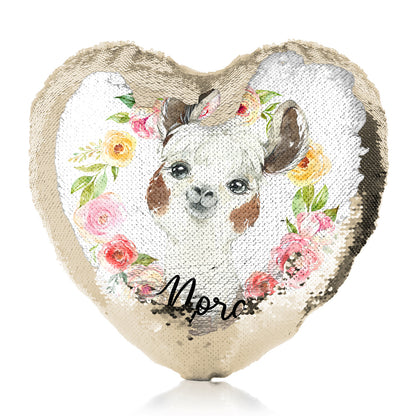 Personalised Sequin Heart Cushion with Brown and White Alpaca Multicolour Flower Wreath and Cute Text