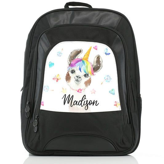Personalised Large Multifunction Backpack with Alpaca Unicorn with Rainbow Hair Hearts Stars and Cute Text