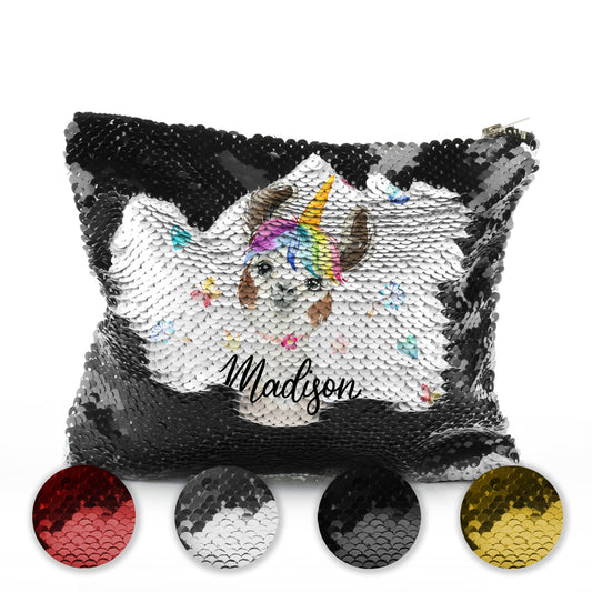 Personalised Sequin Zip Bag with Alpaca Unicorn with Rainbow Hair Hearts Stars and Cute Text