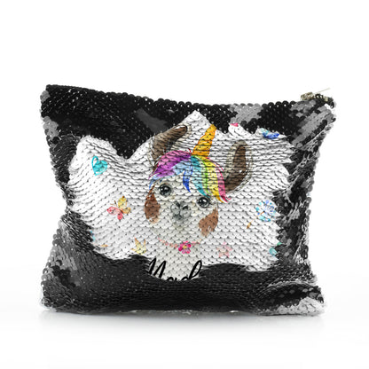 Personalisierte Pailletten-Reißverschlusstasche mit Alpaka-Einhorn mit Regenbogenhaar, Herzen, Sternen und süßem Text
