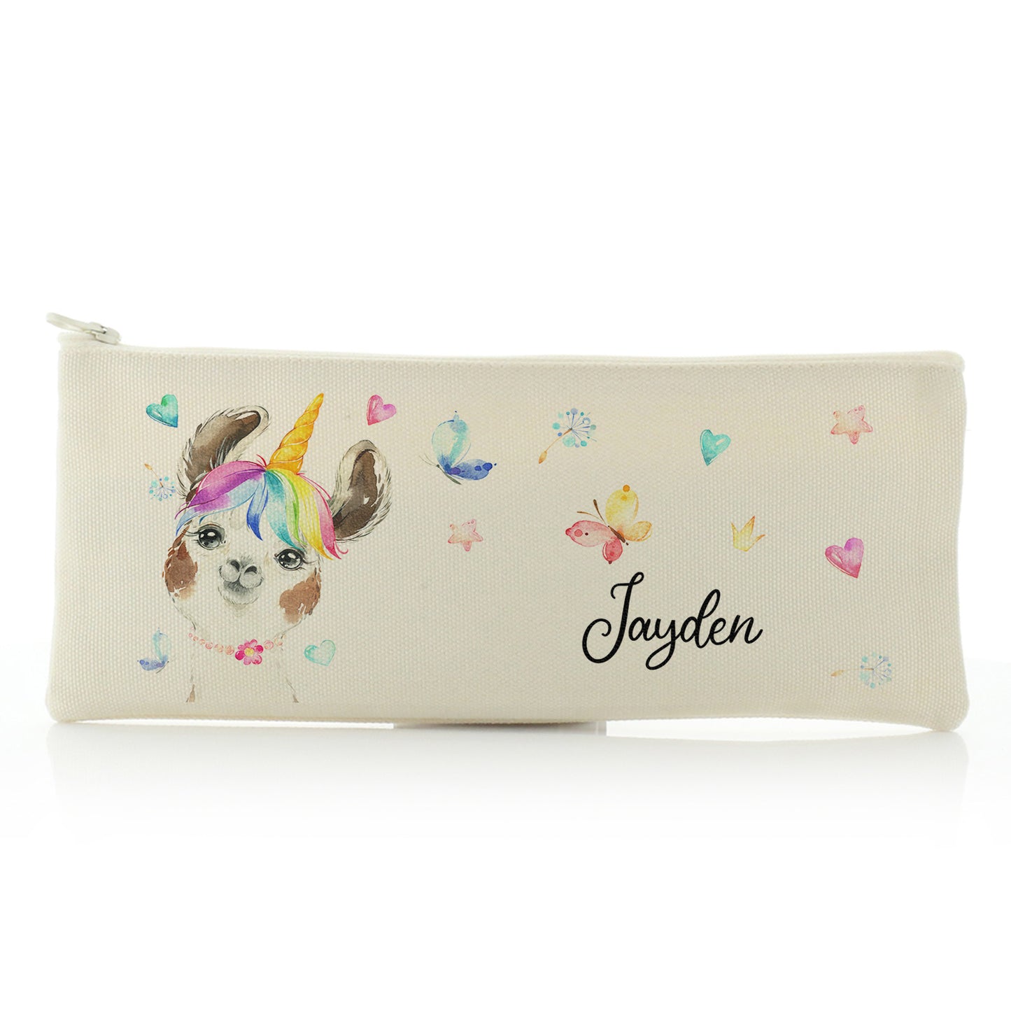 Personalised Canvas Zip Bag with Alpaca Unicorn with Rainbow Hair Hearts Stars and Cute Text